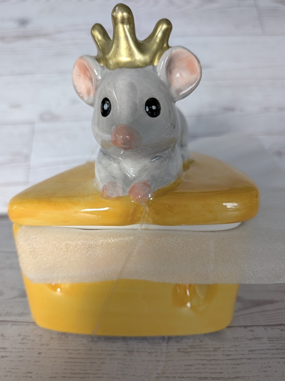 Cute Ceramic Mouse on Cheese Candy Dish Trinket Box 6.5” Tall